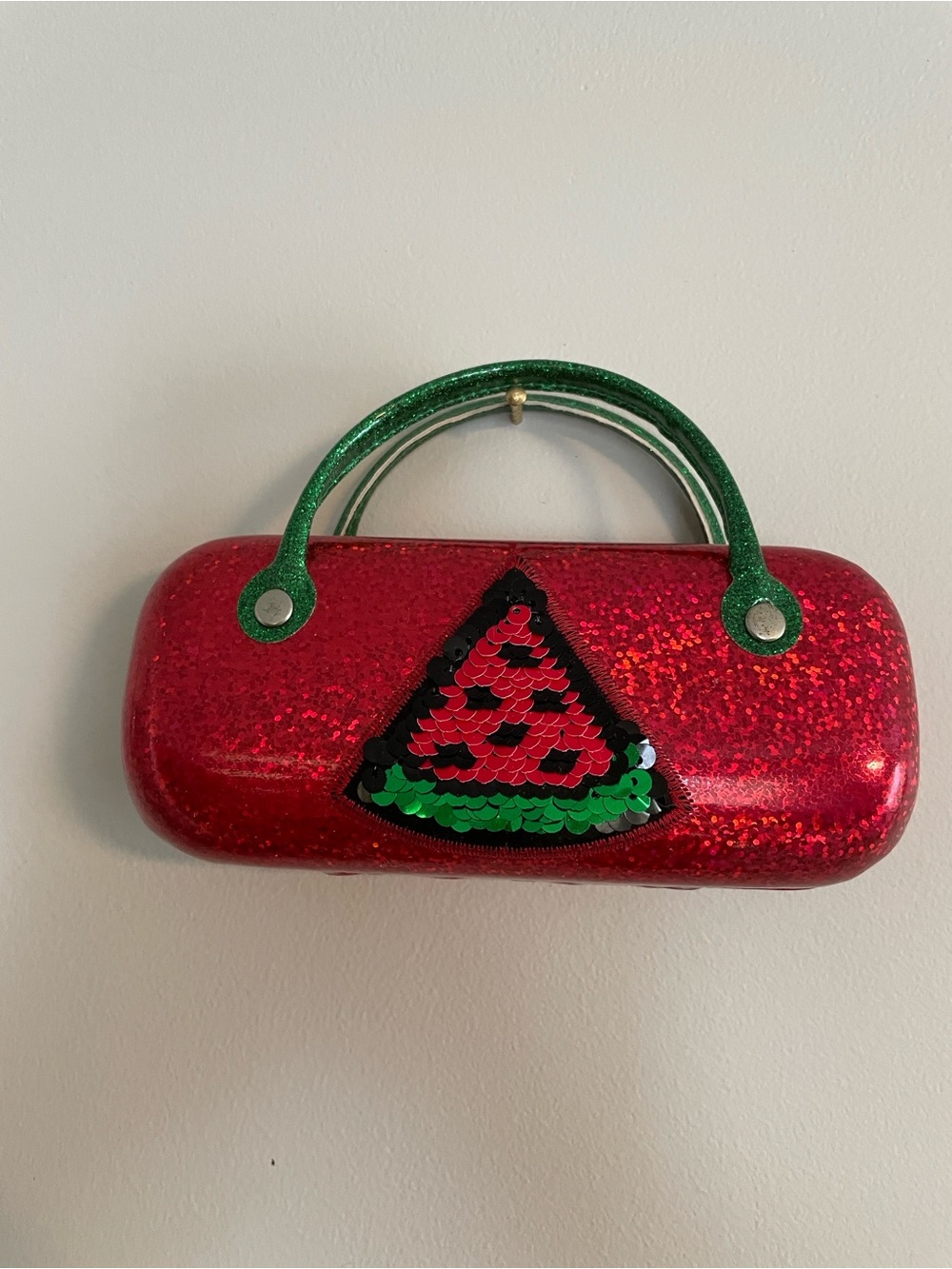 Red Glitter Glasses Case Green Handles small tear in handle. It could be glued.